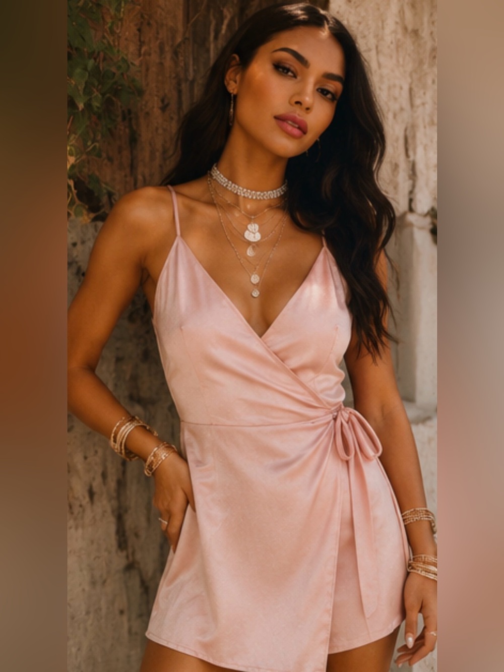Baby Pink Satin Wrap Cami Romper